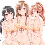 3girls :d ;d arms_behind_back asymmetrical_bangs bangs bare_arms bare_shoulders black_hair blush bra breasts brown_eyes cleavage closed_mouth collarbone front-tie_bra groin hand_on_another&#039;s_arm head_tilt highres idolmaster idolmaster_cinderella_girls lips long_hair looking_at_viewer low_twintails medium_breasts mizumoto_yukari multiple_girls nakano_yuka navel one_eye_closed open_mouth orange_bra orange_panties panties pink_eyes plaid plaid_bra plaid_panties ponytail red_ribbon redhead ribbon shiina_noriko shiny shiny_hair shiny_skin shirushiru_(saitou888) sidelocks simple_background small_breasts smile stomach tareme twintails underwear underwear_only upper_body wavy_hair white_background 