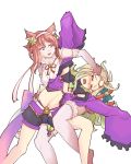  2girls ahoge animal_ears blush boots cape cat cat_ears cat_tail circlet closed_eyes fire_emblem fire_emblem:_kakusei fire_emblem_heroes fire_emblem_if gloves green_hair hairband halloween highres jaegan long_hair mamkute multiple_girls multiple_tails navel nekomata nowi_(fire_emblem) open_mouth pink_hair pointy_ears red_eyes redhead sakura_(fire_emblem_if) short_hair smile tail thigh-highs two_tails witch wrestling 