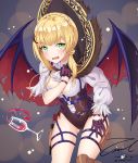  1girl artist_name bangs blonde_hair blouse blunt_bangs blush braid breasts cleavage cowboy_shot crown_braid cup demon_wings drinking_glass eyebrows_visible_through_hair fangs girls_frontline gloves hair_over_shoulder half_gloves halloween_costume holster long_hair looking_at_viewer medium_breasts open_mouth purple_gloves shorts sidelocks signature solo spill spilling thigh_holster thigh_strap thighs twitter_username unel1211 v-shaped_eyebrows wavy_mouth welrod_mk2_(girls_frontline) white_blouse wine_glass wings 