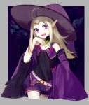  1girl :d ahoge alternate_costume alternate_hairstyle artist_name belt chocojax circlet detached_sleeves fire_emblem fire_emblem:_kakusei fire_emblem_heroes green_hair hair_down halloween_costume hat heart_buckle long_hair mamkute nowi_(fire_emblem) open_mouth pointy_ears short_shorts shorts smile solo violet_eyes witch witch_hat 