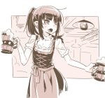  1girl akari_(raigou) alcohol bangs beer beer_mug blunt_bangs ceiling_light collarbone cowboy_shot dirndl eyebrows_visible_through_hair fang flat_chest frilled_sleeves frills german_clothes girder high_ponytail holding holding_mug indoors long_hair open_mouth original outside_border ponytail raigou sepia sketch solo 