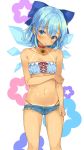  1girl alternate_costume bandeau bare_arms bare_shoulders blue_eyes blue_hair blush bow choker cirno collarbone commentary_request cowboy_shot cutoffs flower hair_between_eyes hair_bow highres hym9594 ice ice_wings looking_at_viewer navel short_shorts shorts solo stomach sunflower tan tanline tanned_cirno touhou white_background wings 