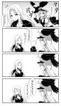  2girls 4koma :d animal animal_on_head armpits azur_lane bird breasts cleavage comic commentary_request eagle enterprise_(azur_lane) greyscale hat highres imagawa_akira long_hair monochrome multiple_girls necktie on_head open_mouth peaked_cap shirt sleeveless sleeveless_shirt smile sweat translation_request yorktown_(azur_lane) 