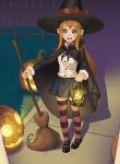  1girl :d belt black_skirt blue_eyes blush bow broom brown_hair cloak cristalavi fence halloween hat hat_bow highres holding_lantern jack-o&#039;-lantern lantern long_hair looking_at_viewer miniskirt open_mouth original outdoors pumpkin shirt skirt smile solo standing striped striped_legwear thigh-highs trick_or_treat white_shirt witch witch_hat zettai_ryouiki 