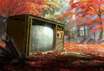  autumn_leaves commentary_request dappled_sunlight day fence leaf maple_leaf mocha_(cotton) no_humans original outdoors ruins scenery signature sunlight television tree 