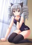  1girl animal_ears bare_shoulders black_legwear bronya_zaychik cat_ears collarbone commentary curtains drill_hair eyebrows_visible_through_hair fake_animal_ears frown grey_eyes grey_hair hair_between_eyes hairband highres honkai_impact indoors kazenokaze kneeling long_hair looking_at_viewer one-piece_swimsuit paw_pose solo swimsuit thigh-highs twin_drills wooden_floor wristband 
