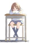  1girl artist_name brown_eyes brown_hair commentary_request covered_mouth crossed_arms desk kneehighs looking_at_viewer navy_blue_legwear okano_kei school_chair school_desk school_uniform serafuku shade shoes signature sitting skirt solo umiroku uwabaki yuyushiki 