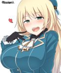  1girl absurdres atago_(kantai_collection) beret blonde_hair blue_eyes blue_hat blue_jacket blush breasts eyebrows_visible_through_hair frilled_sleeves frills hand_to_own_mouth hat heart highres jacket kantai_collection kiritto large_breasts long_hair long_sleeves looking_at_viewer open_mouth simple_background solo straight_hair teeth tongue twitter_username white_background 