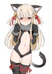  1girl :&lt; absurdres bell black_gloves black_legwear center_opening cirnocchi collaboration coupon_(skyth) elbow_gloves fate/kaleid_liner_prisma_illya fate_(series) flat_chest fur_trim gloves gluteal_fold hair_between_eyes highres illyasviel_von_einzbern jingle_bell kemonomimi_mode leotard navel parted_lips paw_gloves paws platinum_blonde prisma_illya red_eyes revealing_clothes simple_background solo tail tears thigh-highs tim_loechner triangle_mouth two_side_up white_background 
