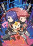  1boy 1girl 2016 green_eyes kojirou_(pokemon) meowth musashi_(pokemon) official_art pokemon pokemon_(anime) pokemon_(creature) pokemon_trading_card_game purple_hair red_eyes redhead saitou_naoki team_rocket team_rocket_grunt team_rocket_uniform trading_card watermark 