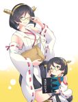  2girls adjusting_eyewear akaneyu_akiiro black_hair black_hakama blue_eyes book breasts child detached_sleeves dual_persona glasses gradient gradient_background hakama hakama_skirt headband holding holding_book holding_envelope japanese_clothes kantai_collection kirishima_(kantai_collection) large_breasts looking_at_viewer mother_and_daughter multiple_girls nontraditional_miko revision ribbon-trimmed_sleeves ribbon_trim short_hair smile thigh-highs translated white_background wide_sleeves yellow_background yellow_eyes younger 