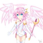  1girl absurdres artist_name bare_shoulders blue_eyes cosplay elbow_gloves feathered_wings flower four_goddesses_online:_cyber_dimension_neptune gloves hair_flower hair_ornament halo highres holding holding_staff jewelry long_hair looking_at_viewer neptune_(series) pink_hair power_symbol ram_(choujigen_game_neptune) rhapsofree simple_background smile solo staff symbol-shaped_pupils white_background white_gloves white_heart white_heart_(cosplay) white_legwear white_sister_ram wings 