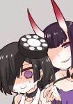  2girls :&gt; bare_shoulders black_hair commentary evil_smile eyepatch fate/grand_order fate_(series) grey_background hair_over_one_eye hand_on_another&#039;s_shoulder horns i.u.y missing_eye mochizuki_chiyome_(fate/grand_order) multiple_girls nervous no_nose shaded_face shuten_douji_(fate/grand_order) smile sweat upper_body violet_eyes wide_sleeves 