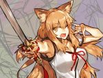  1girl ;d animal_ears armpits bangs blonde_hair breasts fate/extra_ccc_fox_tail fate_(series) fox_ears holding holding_sword holding_weapon katana large_breasts long_hair looking_at_viewer melon22 one_eye_closed open_mouth saber_(fate/extra_ccc_fox_tail) short_sleeves smile solo sword upper_body weapon yellow_eyes 