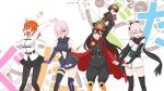  4girls :d ahoge arms_up belt black_bow black_hat black_legwear black_leotard black_pants black_scarf black_skirt blush bow cape character_doll closed_eyes dancing demon_archer detached_sleeves elbow_gloves eyebrows_visible_through_hair fate/grand_order fate_(series) fujimaru_ritsuka_(female) gloves grey_gloves hair_between_eyes hair_bow hair_over_one_eye hat highres japanese_clothes kimono kimono_skirt kono_subarashii_sekai_ni_shukufuku_wo! leotard midriff military military_hat military_uniform miniskirt multiple_girls navel navel_cutout open_mouth orange_hair pants pantyhose parody pink_hair pleated_skirt ponytail red_cape red_eyes sakura_saber scarf shielder_(fate/grand_order) short_hair silver_hair skirt sleeveless sleeveless_kimono smile standing stomach thigh-highs thigh_strap tomorrow_(konosuba) uniform violet_eyes white_kimono zilaishui 