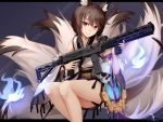  1girl animal_ears bangs bare_legs blue_fire brown_eyes brown_hair closed_mouth detached_sleeves fire fox_ears fox_tail girls_frontline gun highres holding holding_gun holding_weapon japanese_clothes kimono kitsune legs_together light_smile magpul multiple_tails obi revision sash short_kimono sidelocks skull sleeveless sleeveless_kimono smile solo submachine_gun tail tsurime type_79_(girls_frontline) type_79_smg vectorek vertical_foregrip weapon white_kimono wolf_ears wolf_tail 