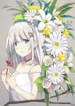  1girl bare_shoulders blue_eyes breasts collarbone dress eyebrows_visible_through_hair flower grey_background hair_ornament holding holding_flower looking_at_viewer original signature silver_hair small_breasts solo sutorora tree_branch upper_body white_dress 