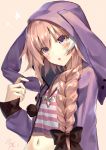  1boy :o animal_hood artist_name beige_background black_bow blush bow braid bunny_hood crop_top fate/apocrypha fate/grand_order fate_(series) hair_bow hair_over_shoulder hair_ribbon hand_up highres hood hood_up hoodie jewelry kouyafu looking_at_viewer navel necklace open_clothes open_hoodie open_mouth pink_hair pom_pom_(clothes) ribbon rider_of_black shiny shiny_hair shirt signature simple_background single_braid solo striped striped_shirt trap tress_ribbon upper_body v-neck violet_eyes 