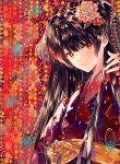  1girl ahma bangs bead_curtain brown_hair eyebrows_visible_through_hair flower from_side hair_flower hair_ornament hand_up highres japanese_clothes kimono long_hair looking_at_viewer original parted_lips pearl red_eyes red_kimono smile solo 