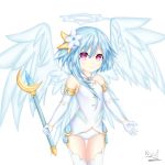  1girl absurdres artist_name bare_shoulders blue_hair cosplay elbow_gloves feathered_wings flower four_goddesses_online:_cyber_dimension_neptune gloves hair_flower hair_ornament halo highres holding holding_staff jewelry long_hair looking_at_viewer neptune_(series) power_symbol red_eyes rhapsofree rom_(choujigen_game_neptune) simple_background smile solo staff symbol-shaped_pupils white_background white_gloves white_heart white_heart_(cosplay) white_legwear white_sister_rom wings 