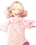  1girl brown_hair buck_teeth closed_eyes commentary_request medama_p5 okumura_haru open_mouth outstretched_arms persona persona_5 pink_sweater ribbed_sweater solo sweater teeth zipper 
