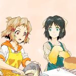  2girls apron aqua_apron baking black_hair bowl cake casual closed_mouth collarbone cooking female food friends green_eyes hair_ornament hair_ribbon hairclip highres hoodie kitchen kohinata_miku light_brown_hair looking_at_another looking_down mittens multiple_girls neck open_mouth orange_eyes pink_background ribbon senki_zesshou_symphogear short_hair short_sleeves side-by-side simple_background smile sweat tachibana_hibiki_(symphogear) white_ribbon yellow_apron 