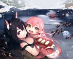  2girls animal_ears artist_name bangs blurry blurry_foreground cat_ears closed_mouth commentary_request creature dated day depth_of_field fang food food_request grey_sky hair_between_eyes holding holding_plate horizontal_pupils kyuri_tizu lake long_hair looking_at_viewer monster_girl multiple_girls octopus open_mouth original outdoors partially_submerged pink_hair plate pointy_ears scylla smile snow snowing snowman tentacle violet_eyes winter yellow_eyes 