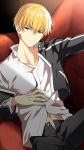  1boy 92_(artist) bangs black_jacket black_pants blonde_hair closed_mouth couch eyebrows_visible_through_hair fate/grand_order fate/stay_night fate_(series) gilgamesh hair_between_eyes highres jacket long_sleeves looking_at_viewer male_focus navel off_shoulder pants reclining red_eyes shirt solo white_shirt 