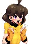  1girl ahoge arms_(game) blush bodysuit brown_hair gloves mechanica_(arms) open_mouth short_hair solo sunoko24 violet_eyes white_background 