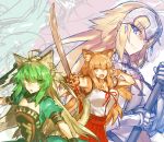  &gt;:o 3girls :o ;d ahoge animal_ears archer_of_red armpits bangs blonde_hair blue_eyes breasts cat_ears cat_tail chains cleavage cowboy_shot dress fate/grand_order fate_(series) fox_ears gauntlets green_eyes green_hair hakama_skirt headpiece holding holding_sword holding_weapon katana large_breasts long_hair looking_at_viewer melon22 multicolored_hair multiple_girls one_eye_closed open_mouth puffy_short_sleeves puffy_sleeves ruler_(fate/apocrypha) saber_(fate/extra_ccc_fox_tail) school_uniform short_sleeves small_breasts smile sword tail two-tone_hair upper_body weapon yellow_eyes 