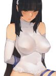  1girl absurdres bangs black_hair blue_ribbon blunt_bangs breasts brown_eyes collarbone elbow_gloves erect_nipples girls_frontline gloves hairband highres large_breasts long_hair navel parted_lips qbz-95_(girls_frontline) ribbon sidelocks simple_background solo sungwon turtleneck white_background white_gloves 