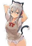  1girl animal_ears arms_up blush breasts cat_ears cat_tail closed_mouth cowboy_shot fake_animal_ears grey_eyes hair_between_eyes hands_on_headphones headphones kekemotsu long_hair medium_breasts no_pants original school_swimsuit sidelocks silver_hair simple_background solo swimsuit swimsuit_under_clothes tail vest white_background white_school_swimsuit white_swimsuit 