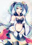  1girl :d boots commentary_request hatsune_miku high_heel_boots high_heels long_hair looking_at_viewer navel open_mouth racing_miku revision shiomizu_(swat) skirt smile solo thigh-highs thigh_boots twintails very_long_hair vocaloid 