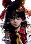  1girl absurdres ascot bespectacled black-framed_eyewear black_eyes black_hair bow detached_sleeves glasses hair_bow hair_tubes hakurei_reimu henohenomomiji highres lips looking_at_viewer realistic red_bow short_hair simple_background solo touhou upper_body white_background yellow_neckwear 