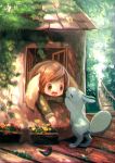  1girl animal_ears bridge brown_eyes brown_hair creature day dot_nose flower forest ivy long_sleeves manino_(mofuritaionaka) nature original outdoors plant potted_plant short_hair window 