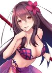  1girl bikini breasts brown_hair cleavage collarbone eyebrows_visible_through_hair fate/grand_order fate_(series) fingernails floating_hair flower hair_between_eyes hair_flower hair_ornament holding holding_weapon index_finger_raised kagarino_hikaru large_breasts long_hair navel open_mouth polearm purple_flower red_bikini red_eyes sarong scathach_(fate/grand_order) scathach_(swimsuit_assassin)_(fate) see-through shiny shiny_skin simple_background smile solo swimsuit very_long_hair weapon white_background 