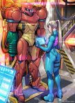  1girl ass blue_bodysuit blue_eyes blue_hair bodysuit breasts cable commentary dimples_of_venus flat_ass full_body high_ponytail highres holographic_touchscreen long_hair mechanical medium_breasts metroid nose power_armor samus_aran skin_tight solo super_metroid tekuho_no_habo toned varia_suit zero_suit 