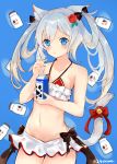  1girl :&lt; animal_ears azur_lane bell bikini_skirt blue_eyes bottle breasts cat_ears cat_tail cleavage collarbone commentary_request cow drinking_straw flower frilled_skirt frills hair_flower hair_ornament hammann_(azur_lane) holding itohime long_hair looking_at_viewer milk_bottle navel ribbon rose silver_hair skirt small_breasts solo tail tail_bell tail_ribbon twintails 