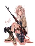  1girl bangs blush boots character_name closed_mouth dragunov_svd eyebrows_visible_through_hair from_side full_body girls_frontline grey_eyes grey_eyes gun gun_case hair_between_eyes hair_ornament hairclip highres holster kneehighs long_hair looking_at_viewer rifle shan shaodw silver_hair simple_background single_kneehigh single_thighhigh sleeves_past_elbows sniper_rifle solo svd_(girls_frontline) thigh-highs thigh_holster thigh_strap torn_clothes torn_legwear torn_thighhighs very_long_hair weapon white_background 