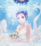  1girl blue_eyes blue_hair bouquet dress flower kiko_(soumakiko) looking_at_viewer natsuyuki_rendezvous reflection shimao_rokka short_hair solo underwater white_dress white_flowers 