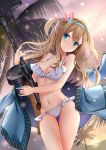  1girl :&lt; bangs bikini blonde_hair blue_eyes blush breasts brown_hair cleavage closed_mouth collarbone contrapposto cowboy_shot eyebrows_visible_through_hair frilled_bikini frills girls_frontline gun hips jacket jacket_on_shoulders long_hair looking_at_viewer medium_breasts navel open_clothes open_jacket outdoors palm_tree solo submachine_gun suomi_kp/-31 suomi_kp31_(girls_frontline) swimsuit thigh_gap thighs tree two_side_up weapon white_bikini ying_yue 