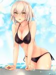  1girl arm_support bikini black_bikini blush breasts cleavage clouds cloudy_sky collarbone cowboy_shot day eyebrows_visible_through_hair fate/grand_order fate_(series) groin hair_between_eyes highres jeanne_alter kano_(pixiv15844640) large_breasts looking_at_viewer open_mouth outdoors ruler_(fate/apocrypha) short_hair side-tie_bikini sideboob signature silver_hair sky solo swimsuit wet yellow_eyes 