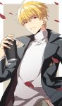  1boy 92_(artist) bangs black_jacket blonde_hair drinking_cup earrings eyebrows_visible_through_hair fate/grand_order fate/stay_night fate_(series) gilgamesh hand_in_pocket highres holding jacket jewelry long_sleeves looking_at_viewer male_focus open_clothes open_jacket parted_lips petals pink_background red_eyes shirt smile solo standing upper_body white_shirt 