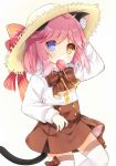  1girl animal_ears bangs blue_eyes blush bow bowtie brown_bow brown_neckwear brown_skirt candy cat_ears cat_girl cat_tail collared_shirt eyebrows_visible_through_hair food food_in_mouth hand_on_headwear hat hat_bow heterochromia lollipop long_sleeves looking_at_viewer mouth_hold pink_hair pleated_skirt red_bow shirt simple_background skirt solo standing standing_on_one_leg straw_hat striped striped_bow tail tengxiang_lingnai thigh-highs tirpitz_(zhan_jian_shao_nyu) white_legwear white_shirt wings yellow_eyes zhan_jian_shao_nyu 