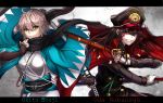  2girls ahoge black_bow black_hat black_pants black_scarf bow breasts brown_hair cape character_name demon_archer fate/grand_order fate_(series) floating_hair gloves grin gun hair_between_eyes hair_bow hat highres holding holding_gun holding_sword holding_weapon japanese_clothes kimono long_hair looking_at_viewer medium_breasts military military_hat military_uniform multiple_girls obi pants red_cape red_eyes rifle sakura_saber sash scarf sheath short_hair sideboob silver_hair sleeveless sleeveless_kimono smile solarsadist sword uniform unsheathing weapon white_gloves white_kimono 