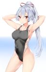  1girl armpits arms_up bangs black_swimsuit blush breasts collarbone competition_swimsuit contrapposto covered_navel cowboy_shot eyebrows_visible_through_hair fate/grand_order fate_(series) gradient gradient_background hair_between_eyes hair_ribbon highres hips legs_apart long_hair medium_breasts one-piece_swimsuit parted_lips ponytail red_eyes red_ribbon ribbon shiny shiny_hair sidelocks silver_(chenwen) silver_hair solo swimsuit thighs tomoe_gozen_(fate/grand_order) tsurime very_long_hair 