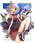  1girl ;d aircraft airplane animal_ears arm_behind_back azur_lane bare_shoulders blue_sky blurry blush cat_ears day depth_of_field detached_sleeves dot_nose eyebrows eyebrows_visible_through_hair eyelashes facing_viewer fang flat_chest flight_deck geta grey_eyes haori japanese_clothes kurogoma_(haruhi3) legs_apart lens_flare long_sleeves looking_at_viewer miniskirt one_eye_closed one_side_up open_mouth outdoors palm_tree pleated_skirt red_ribbon red_skirt ribbon shikigami shiny shiny_skin short_hair shouhou_(azur_lane) sitting skirt sky smile socks solo tongue tree tsurime turret white_hair white_legwear wide_sleeves 