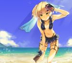  1girl adapted_costume arm_up bangs beach bikini_skirt black_gloves blue_skirt blue_sky blunt_bangs blush breasts can clouds coca-cola girls_frontline gloves half_gloves holding holding_can leaning_forward light_rays navel olys outdoors short_hair sidelocks skirt sky small_breasts soda_can solo sunbeam sunlight suspenders thigh_strap tsurime twintails two_side_up welrod_mk2_(girls_frontline) 