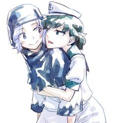  2girls black_hair green_eyes hat hood hug hug_from_behind kesa kumoi_ichirin lavender_hair looking_at_another meimaru_inuchiyo multiple_girls murasa_minamitsu purple_hair sailor_collar santa_hat short_hair smile touhou violet_eyes white_background yuri 