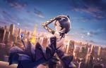  1girl asymmetrical_legwear black_hair building earrings fingerless_gloves gloves hayami_kanade highres idolmaster idolmaster_cinderella_girls idolmaster_cinderella_girls_starlight_stage jewelry nail_polish official_art short_hair tokyo_tower yellow_eyes 